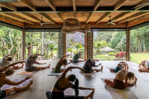 Yoga Participants stretching on a Byron Bay summer yoga retreat, at BlueGreen Sanctuary in NSW